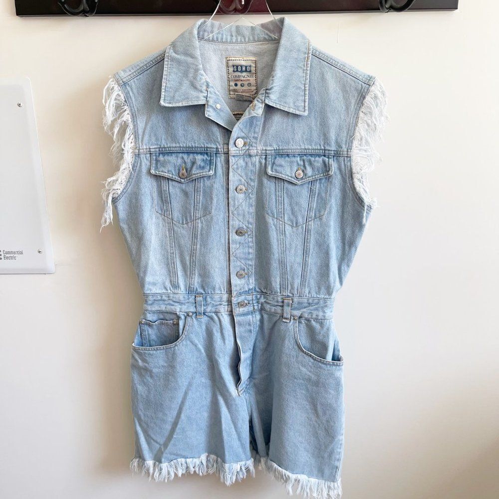 SOHO Light Blue Denim Sleeveless Romper with Frayed Trim
